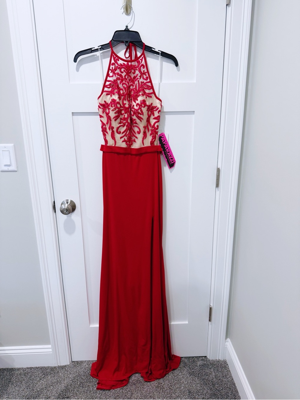 Morilee Paparazzi Lace Halter Prom Maxi Dress in Red - Picture 2 of 13